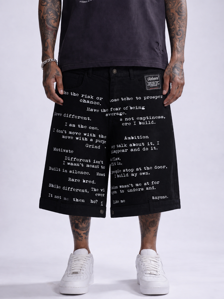 Black Reversed Blueprint Jean Shorts