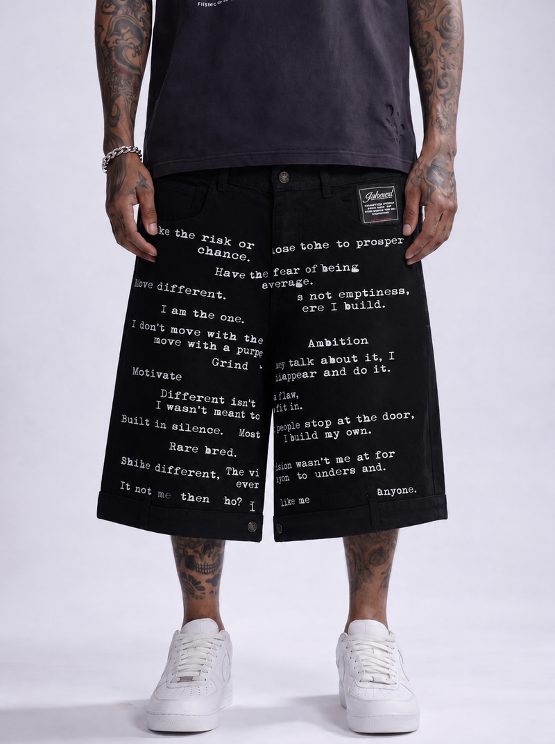 Black Reversed Blueprint Jean Shorts